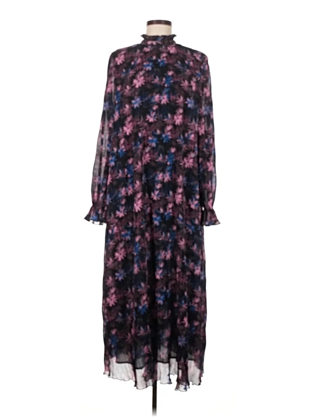 Ganni Black Long-Sleeve Floral Maxi Dress with Pink and Blue Print